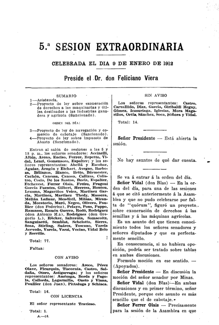 DIARIO DE SESIONES DE LA ASAMBLEA GENERAL del 09/01/1912